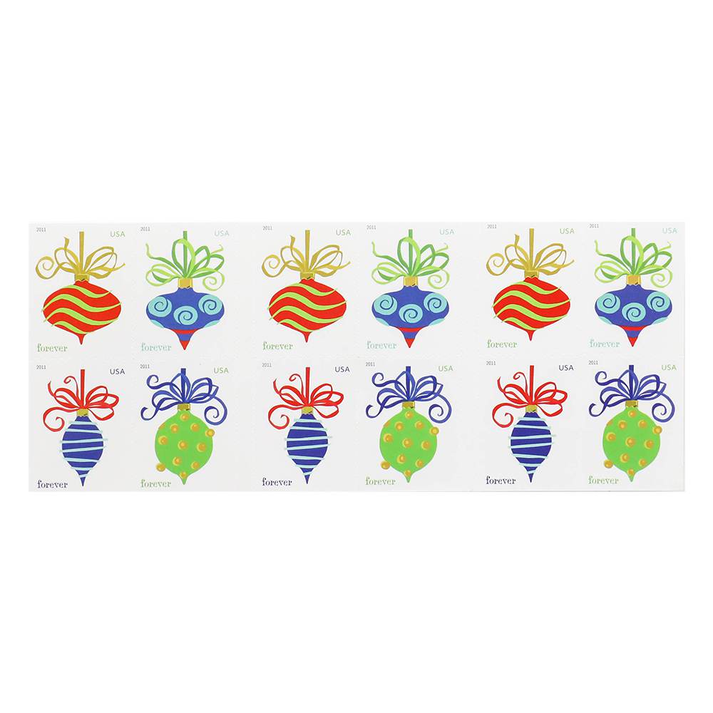 100Pcs 2011 First-Class Forever Stamp - Holiday Baubles: Green and Red Wavy Line Ornament (Ashton Potter)