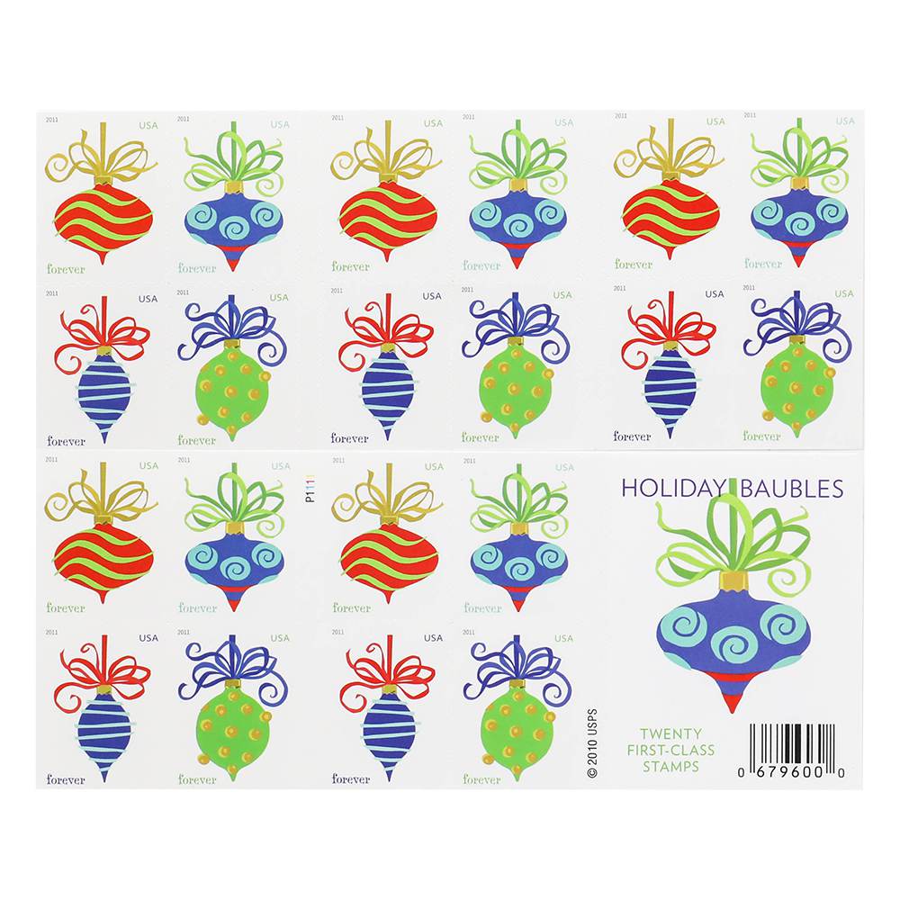 100Pcs 2011 First-Class Forever Stamp - Holiday Baubles: Green and Red Wavy Line Ornament (Ashton Potter)