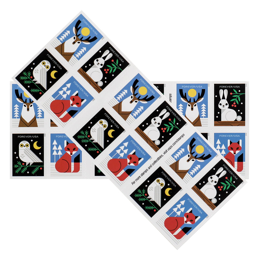 100Pcs 2023 Winter Woodland Animals Forever First Class Postage Stamps